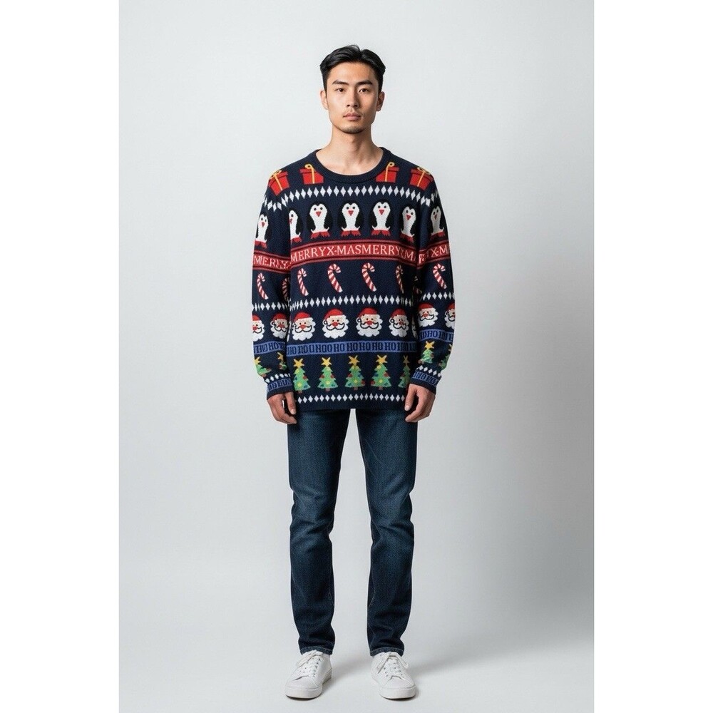 H&M Men's Long-Sleeved Christmas Sweater Size M Navy Blue Penguin Santa Pullover